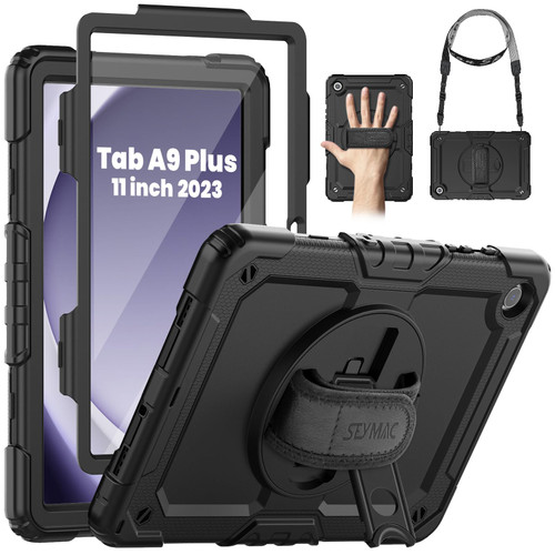 SEYMAC Case for Samsung Galaxy Tab A9+ Plus Case 11" 2023 (SM-X210/X216/X218), Heavy Duty Shockproof Protective Case with Screen Protector, Rotating Stand, Hand/Shoulder Strap and Pen Holder, Black
