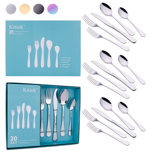 Silverware Set, Kitiok 20 Piece Stainless Steel Flatware Set for 4, Cutlery Utensils Set Include Knives/Forks/Spoons Service for 4, Mirror Polished and Dishwasher Safe (Silver)