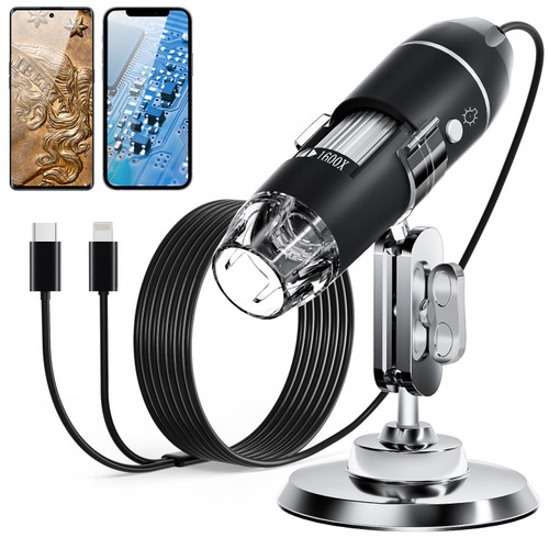 SKYBASIC USB Digital Microscope Camera, Handheld HD Inspection Camera 50x-1600x Magnification with Adjustable Stand, 8 LED Lights, Portable Microscopes Compatible with iOS & Android Devices