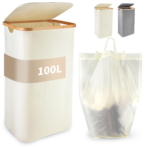 SuperOrganize Laundry Basket, Large Laundry Hamper with Bamboo Handles and Removable Inner Bag, 100L Laundry Basket with Lid, Dirty Clothes Hamper for Bedroom, Bathroom - Beige