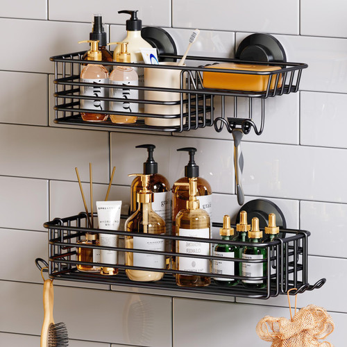 TAILI Shower Caddy Suction Cup 2 Pack with Hooks & Soap holder, Heavy Duty Bathroom Shower Organizer, No Drilling Shower Shelves for Inside Shower, Stainless Steel Black Shower Holder Storage