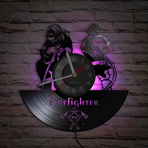 Timethink 12 Inch Firefighter LED Wall Clock with 7 Colors Changing, Silent Quartz Non Ticking Vintage Decorative Fire Department Fire Soldier Rescue Wall Art Analog Vinyl Record Wall Clock Watch