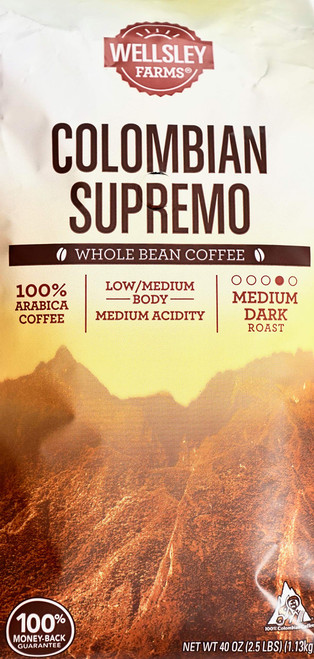 Wellsley Farms Colombian Supremo Medium-Dark Whole Bean Arabica Coffee, 40 Ounces