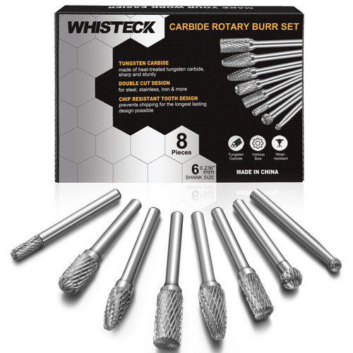 WHISTECK Carbide Burr Set, 8Pcs Double Cut Tungsten Carbide Rotary Burr set, 1/4 inch Shank Die Grinder Bits, Carbide Rotary File for Metal Wood Carving, Engraving, Polishing,Drilling WHISTECK Carbide Burr Set, 8Pcs Double Cut Tungsten Carbide Rotary Burr set, 1/4 inch Shank Die Grinder Bits, Carbide Rotary File for Metal Wood Carving, Engraving, Polishing,Drilling