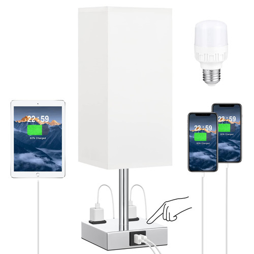 White Bedside Touch Lamp for Bedroom - 3-Way Dimmable Table Lamp with USB Charging Port and Outlet, Small Lamp with Charger for Nightstand Living Room Office Desk (LED Bulb Included)