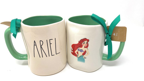 Rae Dunn ARIEL Double Sided White Ceramic Mug with Green Interior & Handle Inscribed LL Black Princess