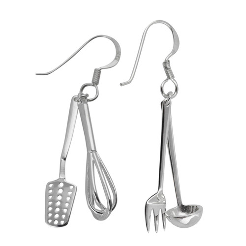 Sterling Silver Kitchen Cooking Utensil Dangle Earrings with French Ear Wires