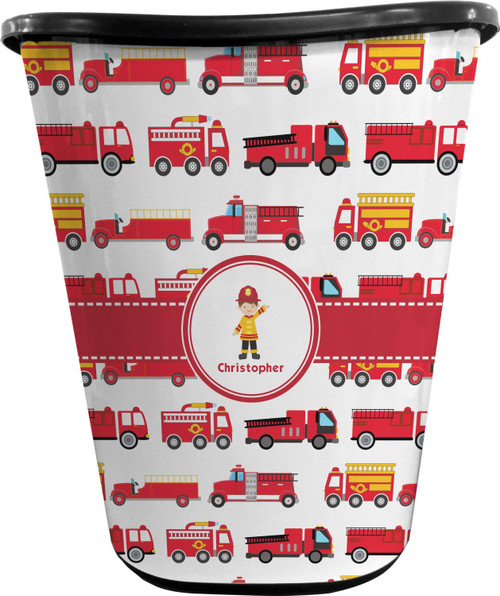 RNK Shops Personalized Firetrucks Waste Basket - Double Sided (Black)