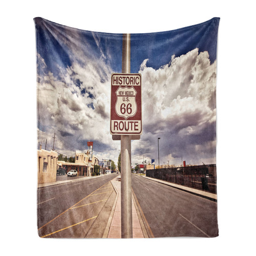 Lunarable Americana Throw Blanket, Historic New Mexico U.S 66 Route Sign Roadway Driving Roadside Scenery, Flannel Fleece Accent Piece Soft Couch Cover for Adults, 50" x 60", Dust Blue