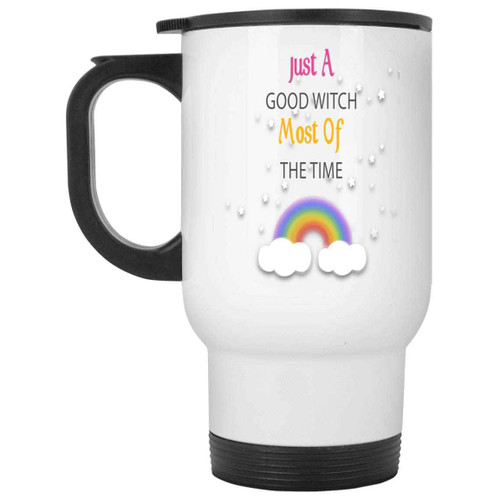 Funny Witchy Hat Broom Gift for Girls & Ladies - Humorous Gray & Muticolor Graphic Design on 14 Oz White Stainless Steel Travel Mug Funny Witchy Hat Broom Gift for Girls & Ladies - Humorous Gray & Muticolor Graphic Design on 14 Oz White Stainless Steel Travel Mug