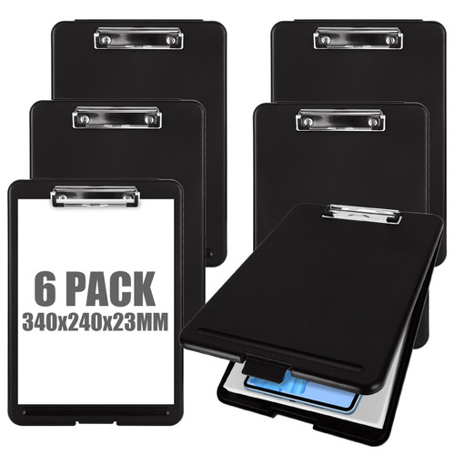 6PCS Clipboard with Storage?Plastic Storage Clipboard?Nursing Clipboard with Storage?Foldable Clipboard Case Black Storage Clip Board Compartment and Metal Clip (9.5" x 13.5")