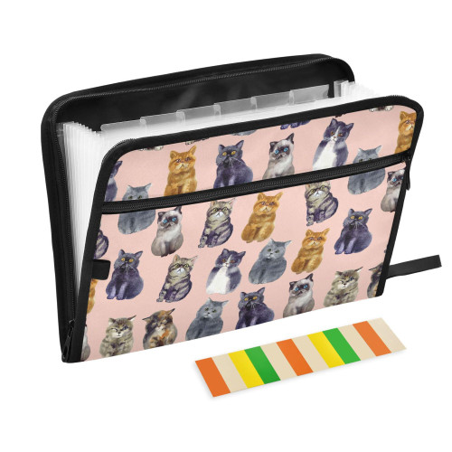 CUPADA Cute Cats Pattern Expanding File Folder with Labels, 13 Pockets Accordion File Organizer File Folder Zipper Closure Portable A4 Letter Size Document Organizer Bag