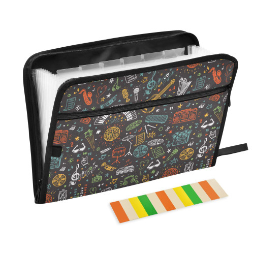 CUPADA Funny Musical Instrument Expanding File Folder with Labels, 13 Pockets Accordion File Organizer File Folder Zipper Closure Portable A4 Letter Size Document Organizer Bag