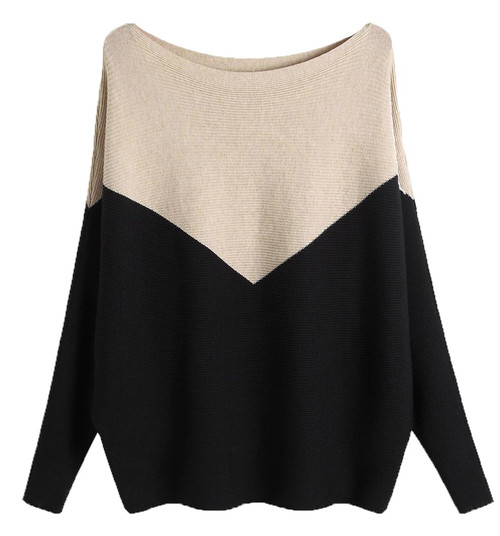 EDSTAR Boat Neck Batwing Sleeves Dolman Knitted Sweaters Autumn/Winter Pullovers Tops for Women (Khaki+Black)
