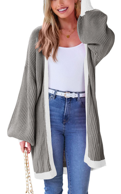 PRETTYGARDEN Balloon Sleeve Cardigan Open Front Oversized Long Cardigans Knitted 2023 Fall Winter Loose Fashion Sweaters Clothes (Grey,2XL)