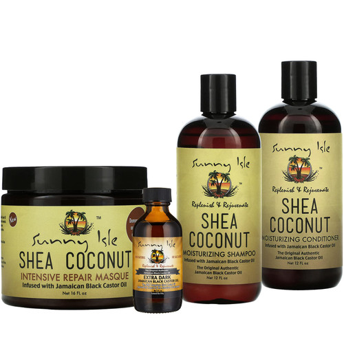Sunny Isle Shea Coconut Moisturizing Shampoo and Conditioner 12oz, Intensive Repair Masque 16oz, Extra Dark JBCO 2oz (4-Piece) Bundle | Deep Hydration - Curly Wavy Coils
