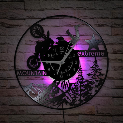 TIMEGLOW Motocross Wall Clock, 7 Colors LED Lighted 12 Inch Extreme Motorcycle Wall Clock, Silent Quartz Non Ticking Modern Decorative Motorbike Night Light Vinyl Record Wall Clock Watch for Man Cave