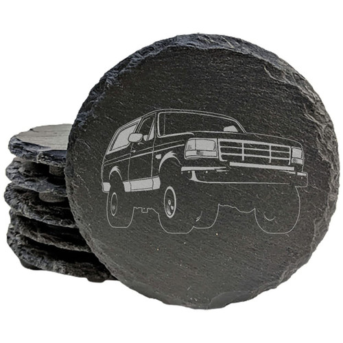 Vintage Vibes: Rustic Slate Coasters - Laser-Etched 1995 Ford Bronco Design Set for Classic Car Enthusiasts! - Round Slate - set of 5