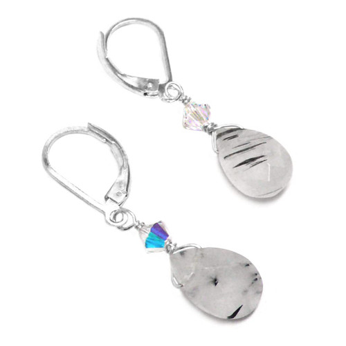 Rutilated Quartz Briolette Sterling Silver Lever Back Earrings Crystal