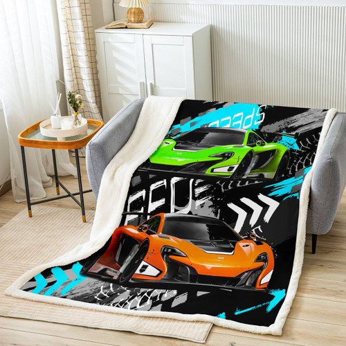 Orange Green Race car Sherpa Blanket Speed Sports Car Fleece Throw Blanket for Kids Extreme Sports Plush Blanket Racing Car Fuzzy Blanket Throw 50"x60"