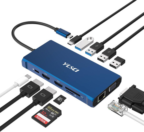 12 in 1 USB C Docking Station, YLSCI Triple Display Docking Station with 2 x 4K HDMI, VGA, Ethernet, 100W PD, USB 3.0, 4 x USB A, SD/TF Revolutionize Your USB C Laptops and Smartphones 12 in 1 USB C Docking Station, YLSCI Triple Display Docking Station with 2 x 4K HDMI, VGA, Ethernet, 100W PD, USB 3.0, 4 x USB A, SD/TF Revolutionize Your USB C Laptops and Smartphones