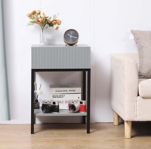 Run Pmy Nightstand with Drawer and Storage Shelf,Square Side Table with Drawer Sofa Side Table Modern Bedside Table Square End Table for Bedroom Living Room Gray