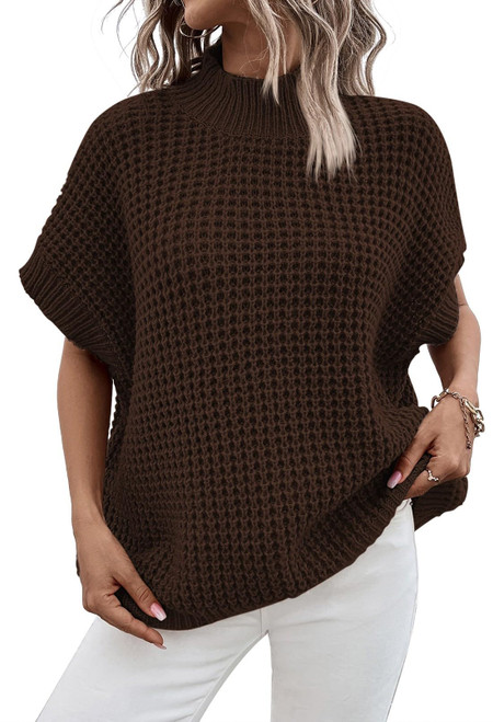 Viottiset Women's Oversized Batwing Sleeve Mock Neck Sweater Vest Sleeveless Pullover Knit Sweaters Chocolate M