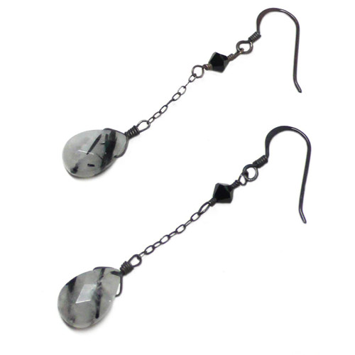 Rutilated Quartz Briolette Sterling Silver Chain Dangle Earrings Crystal Rutilated Quartz Briolette Sterling Silver Chain Dangle Earrings Crystal