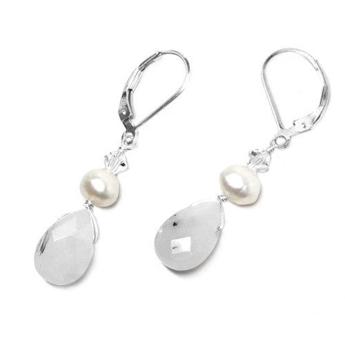 White Rutilated Quartz Briolette Sterling Silver Lever Back Earrings Crystal Cultured Freshwater Pearl