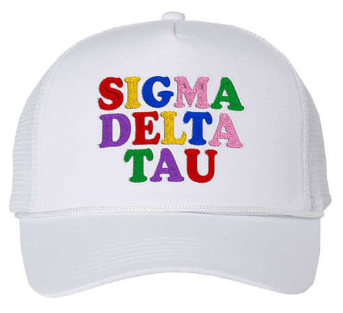 Sigma Delta Tau Rainbow Trucker Hat White