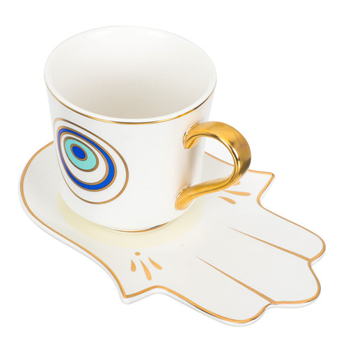 Angoily Tea Cup Set Latte Mugs Evil Eye Coffee Cups Set: Ceramic Coffee Mug Turkish Arabic Greek Tea Cup with Hamsa Hand Saucer for Cappuccino Drinks Latte Cafe White Small Tea Cups Espresso Cups