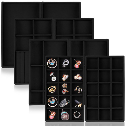 Nsmykhg Jewelry Organizer Trays Jewelry Display Tray,8 Pack Velvet Jewelry Trays Organizer for Drawers,Stackable Jewelry Display Trays for Drawer Jewelry Storage Organizers (Black)