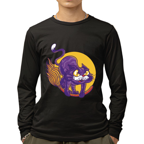 Cat Animal Flying on Broom Magical Gift for Cat Lovers Full Moon Design Black and Muticolor Unisex Long Sleeve T Shirt