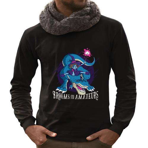 Funny Halloween Gift for Witch Lovers Quote Brooms are for Amateurs Black and Muticolor Unisex Long Sleeve T Shirt