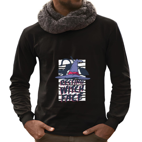 Halloween Gift for Witch Lovers Resting Witch Face with Hat and Broom Black and Muticolor Unisex Long Sleeve T Shirt Halloween Gift for Witch Lovers Resting Witch Face with Hat and Broom Black and Muticolor Unisex Long Sleeve T Shirt