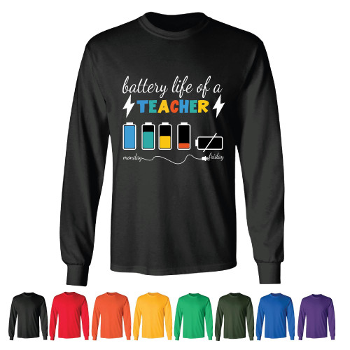 Mens Battery Life Teacher Full Week Motivation Black and Muticolor Unisex Long Sleeve T Shirt Mens Battery Life Teacher Full Week Motivation Black and Muticolor Unisex Long Sleeve T Shirt