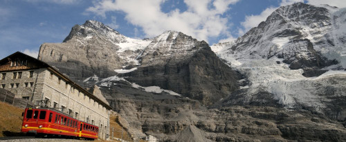 Posterazzi Train passing through Eigergletscher Railway Station near Eiger and Monch mountains Kleine Scheidegg Bernese Oberland Bern Switzerland Poster Print, (36 x 12) Posterazzi Train passing through Eigergletscher Railway Station near Eiger and Monch mountains Kleine Scheidegg Bernese Oberland Bern Switzerland Poster Print, (36 x 12)