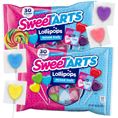 Valentines Day Lollipop Sweet Tarts Classroom Exchange Bundle with Swirl Sticker, Individually Wrapped Fruit Flavored Suckers, 60 Pieces Total, Pack of 2 (Sweet Tarts)