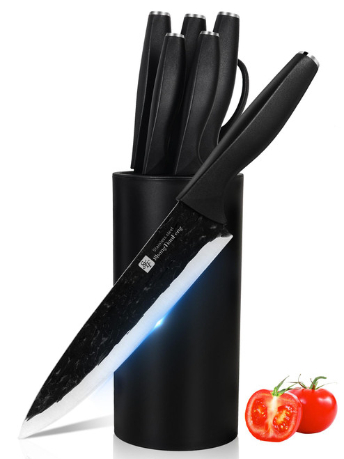 Knife Set, Black Knife Set 7-Piece + Knife Block Sets Universal Round Holder, Stainless-Steel knives Set for Kitchen with Block, Anti Slip kitchen knife set, Lightweight Dishwasher Safe Space Saving