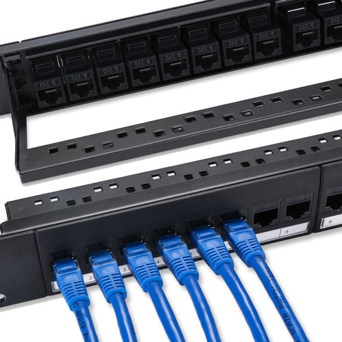 6COMGIGA 24 RJ45 Port Cat6 Coupler Patch Panel with UTP Pass Through, Removable Back Bar, 1U 19 Inch Inline Keystone Network Patch Panel for Cat6, Cat5e, Cat5 Cabling