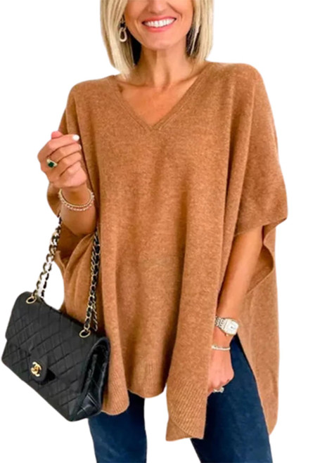 Apvirdy Oversized Sweaters for Womens Short Sleeve Sweater Poncho Sweaters Cashmere Pullover Shawl Loose Fitting Ponchos Wraps Baggy Tops Brown