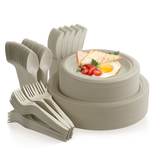 Fuyit 250Pcs Disposable Paper Plates Set with Cutlery, Compostable Biodegradable Eco-Friendly Dinnerware & Utensil Include Plate, Larger Fork, Knife & Spoon for Party, Camping, Picnic, BBQ (Natural) Fuyit 250Pcs Disposable Paper Plates Set with Cutlery, Compostable Biodegradable Eco-Friendly Dinnerware & Utensil Include Plate, Larger Fork, Knife & Spoon for Party, Camping, Picnic, BBQ (Natural)
