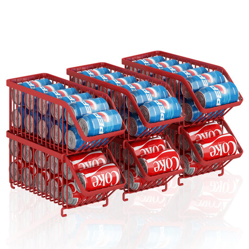 GILLAS 6 Pack Stackable Soda Can Organizer for Refrigerator, Can Holder Dispenser, Canned Food Storage Rack for Fridge, Kitchen, Countertops, Cabinets, Red