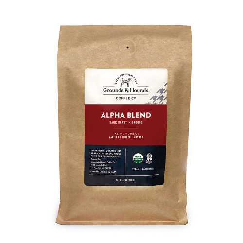 Grounds & Hounds Alpha Blend - Ground, 100% Organic Coffee Grounds, Dark Roast Ground Coffee, Bulk Ground Coffee, 2lbs Grounds & Hounds Alpha Blend - Ground, 100% Organic Coffee Grounds, Dark Roast Ground Coffee, Bulk Ground Coffee, 2lbs