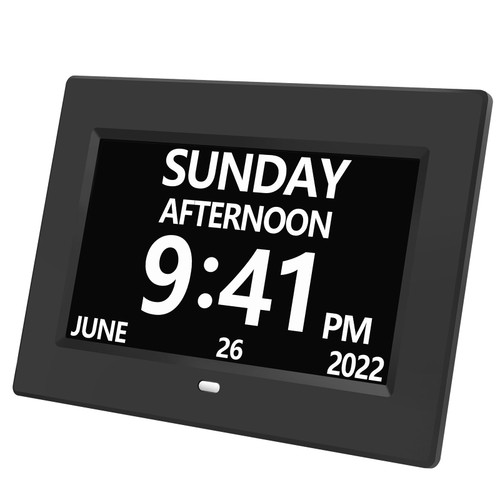 MRCHYDZ 7 Inch Digital Calendar Day Clock Extra Large Impaired Vision Digital Clocks 5 Alarm 3 Medicine Reminders Non-Abbreviated Day & Month Alzheimer's Dementia Clock Alarm Clocks Black