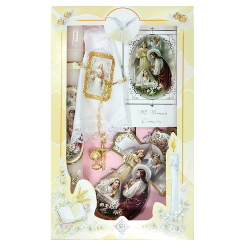 New Girls First Holy Communion Complete Candle Gift 6 Pc Set Cross Keepsake in Spanish Rosary Boxed Espanol Juego de Vela