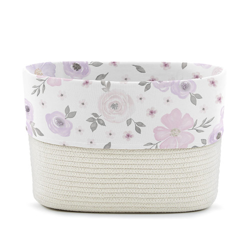Sweet Jojo Designs Lavender Purple Boho Floral Girl Woven Storage Basket Decorative Cotton Rope Lined Bin Baby Nursery Kids Bedroom Toys Closet Organizer Grey Bohemian Farmhouse Shabby Chic Watercolor