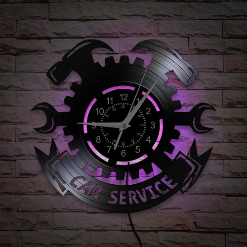 Timeglow Garage Wall Clock, 7 Colors Luminous 12'' Auto Repair Shop Wall Clock Silent Quartz Non Ticking, Vintage Decorative Night Light Car Service Vinyl Record Wall Clock for Workshop Repairman Gift