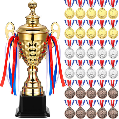 Yaocom 31 Pcs Trophies and Medals Set 15'' Large League Match Trophy Cup Trophy Award 30 Pcs Gold Silver Bronze 2'' Winner Medals for Kids Party Favors Prizes Sports Awards Championships Tournaments Yaocom 31 Pcs Trophies and Medals Set 15'' Large League Match Trophy Cup Trophy Award 30 Pcs Gold Silver Bronze 2'' Winner Medals for Kids Party Favors Prizes Sports Awards Championships Tournaments