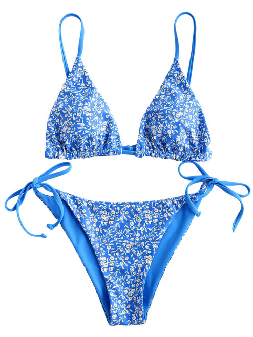 ZAFUL Women's Triangle Bikini Floral String Bikini Set Two Piece Swimsuit Bathing Suits (2-Ocean Blue, L)